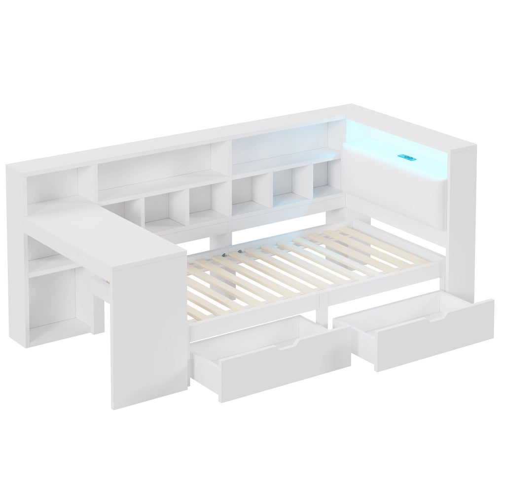 Letto a piattaforma 90x200 cm con scrivania; libreria e LED bianco