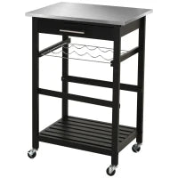 Carrello da Cucina con Ruote, Mensola e Porta Bottiglie, Piano in Acciaio Inox, 60L x 40P x 85A cm, Nero