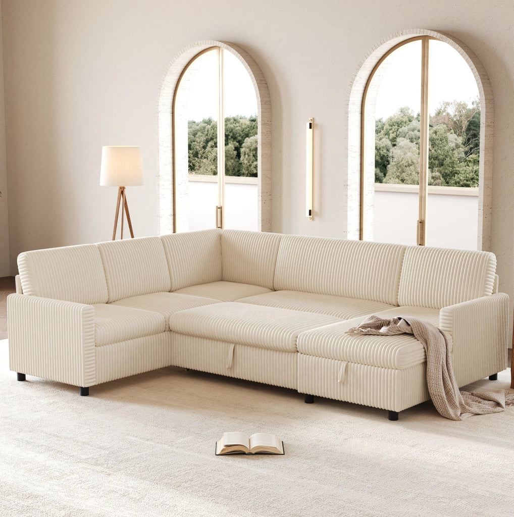 Divano letto a U con contenitore; corduroy beige; 274x220x85 cm