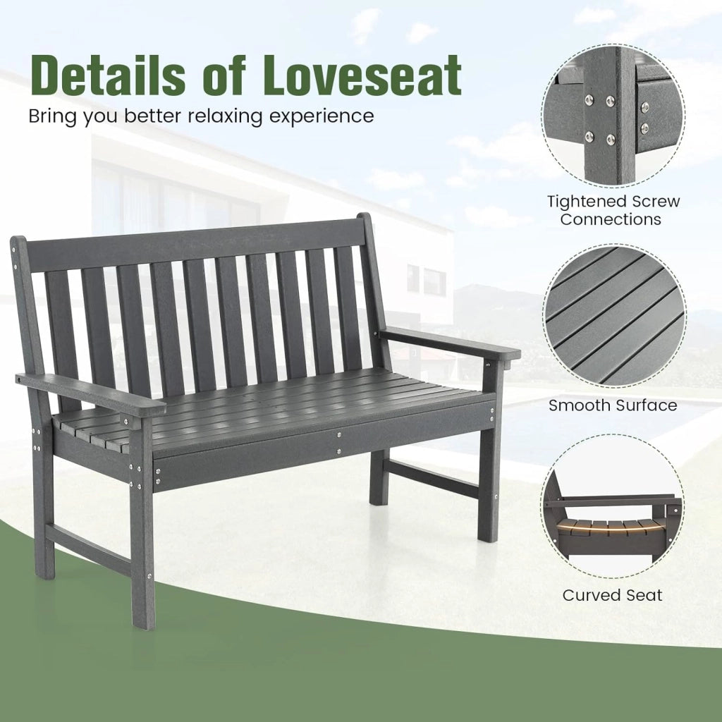 Panca da Giardino per 2 Persone in Plastica con Schienale Alto, Panca da Esterno Resistente alle Intemperie, Ideale per Parco, Patio e Terrazza, Grigio, 132 x 65 x 91 cm
