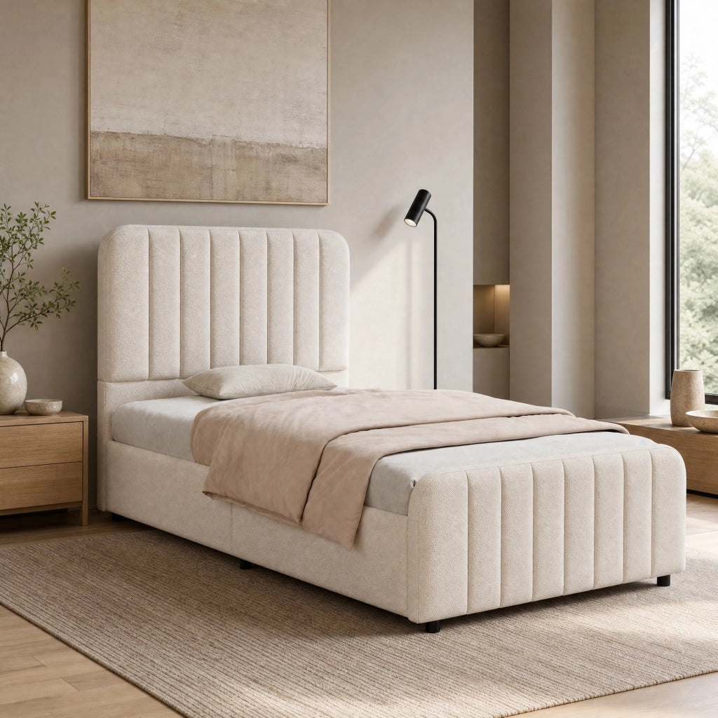 Letto singolo imbottito 90x200 cm con sollevamento idraulico, rete a doghe, testiera trapuntata e vano contenitore, beige