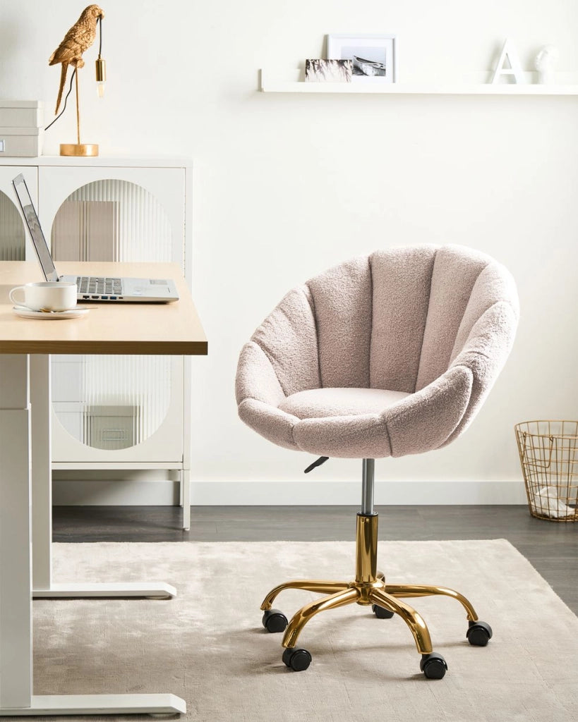 Elegante sedia da ufficio girevole in tessuto bouclè beige con base regolabile in altezza Design moderno Home Office