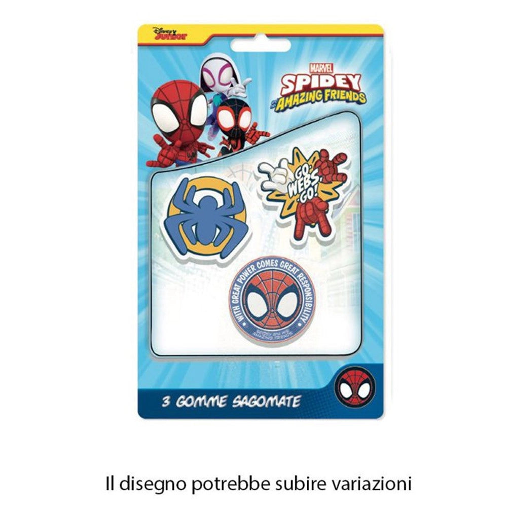 Trade Shop - Kit Gomme Per Cancellare 3pz Sagomate Tema Spidey Cancelleria Per Bambini Scuola 961143 -