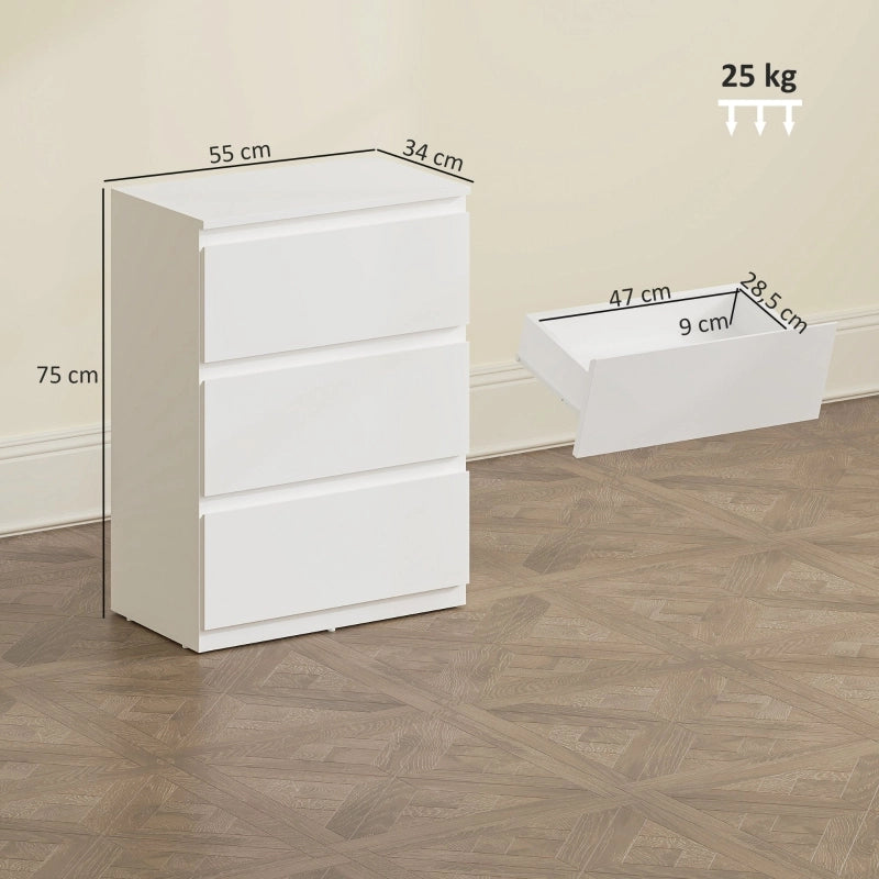 Comodino con 3 cassetti, mobile contenitore moderno per camera da letto, bianco