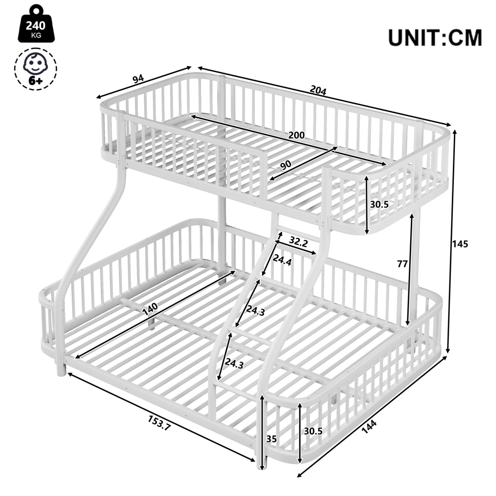 Letto a castello per bambini 90x200 + 140x200 cm; in metallo con barriere di sicurezza e scala; letto familiare; bianco