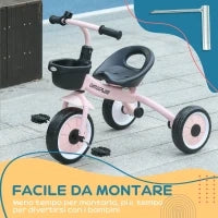 Triciclo per Bambini da 2-5 Anni con Seduta Regolabile e Campanello, 70.5x50x58cm, Rosa