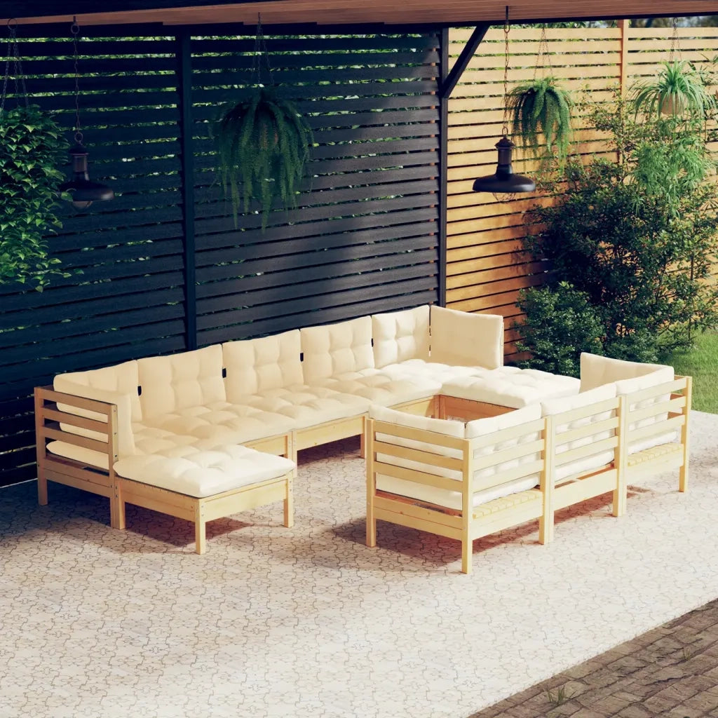 Set Divani da Giardino 10 pz con Cuscini Crema Massello di Pino 3097139