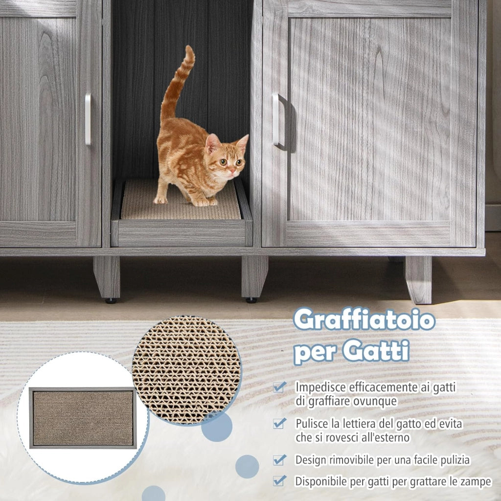 Mobile per Lettiera per Gatti 120 x 52 x 65 cm, Casetta per Gatti con 2 Ante, Fori, Tiragraffi e Gambe Staccabili, Mobile Versatile e Moderno per Salotto (Quercia grigia)