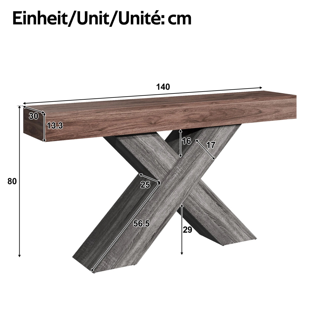 Consolle con struttura a croce a X e piano in truciolare, per ingresso e soggiorno, noce, 140 × 30 × 80 cm