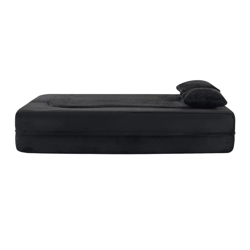 Divano letto pieghevole futon in schiuma con 2 cuscini e rivestimento in peluche corto nero 34 × 34 × 124 cm
