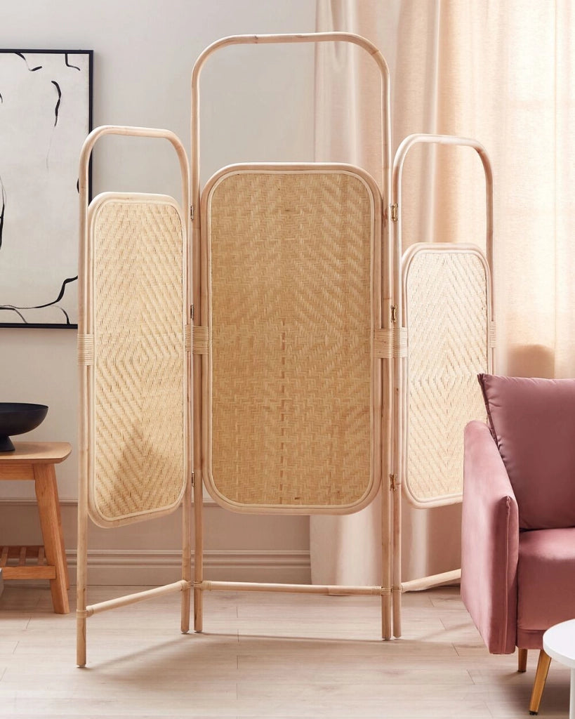 Divisorio per la stanza in rattan naturale e bambù a 3 pannelli pieghevoli con schermo decorativo.