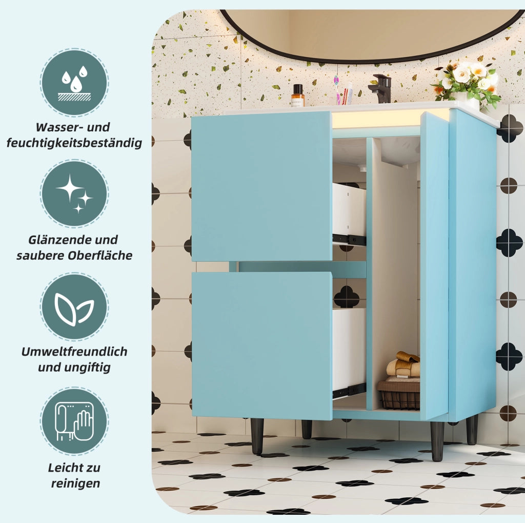 Mobile lavabo bagno freestanding blu con lavabo in ceramica, 2 cassetti e anta
