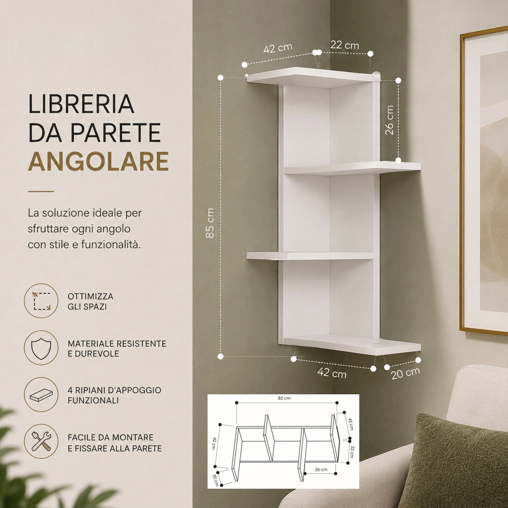 Libreria Scaffale Mensole Parete Angolare Moderna 4 Ripiani Angolo Bianco Legno