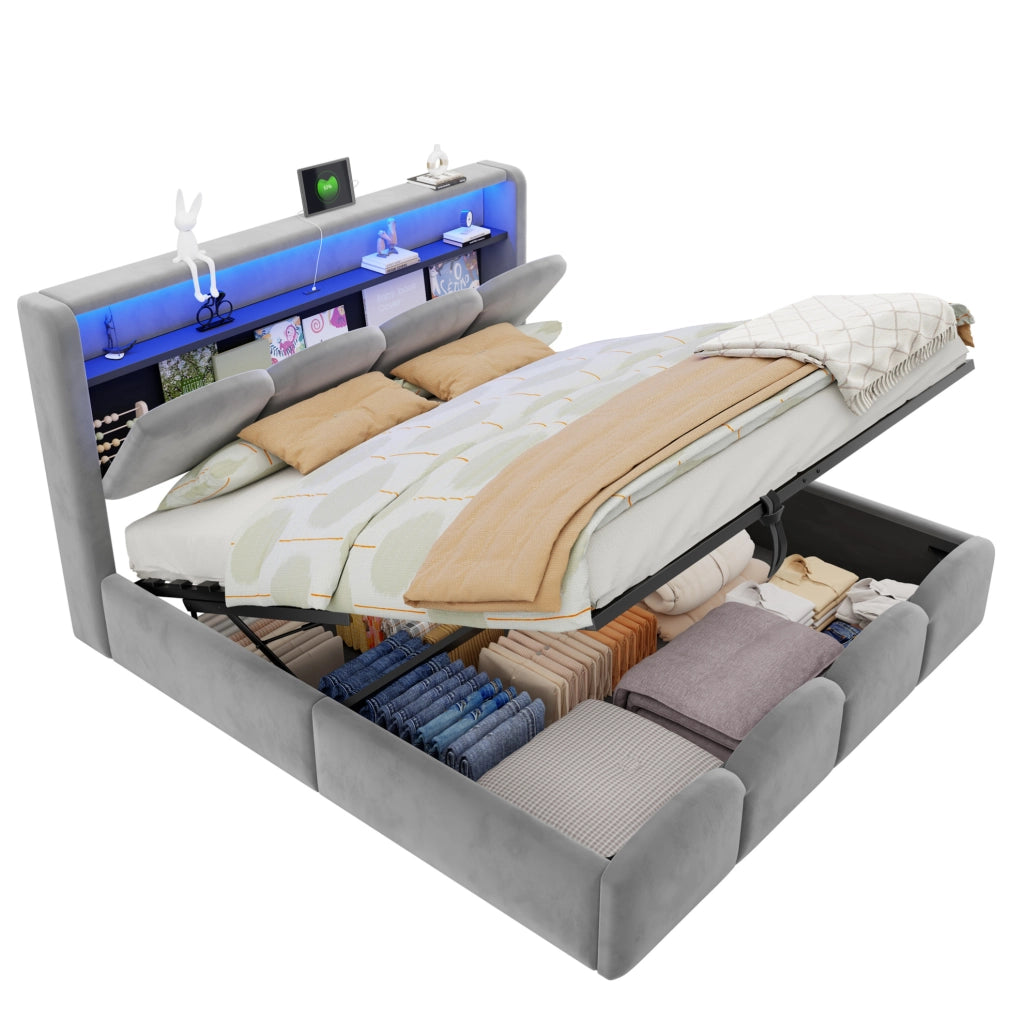 Letto matrimoniale imbottito 140x200 cm in velluto grigio con LED; USB e vano contenitore