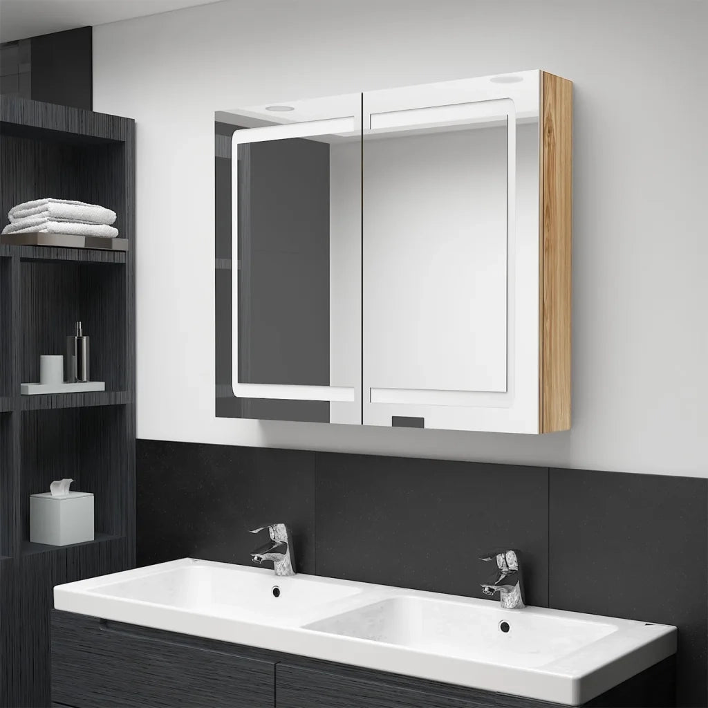Armadietto Bagno con Specchio e LED-Mobile bagno con specchio Rovere 80x12x68 cm