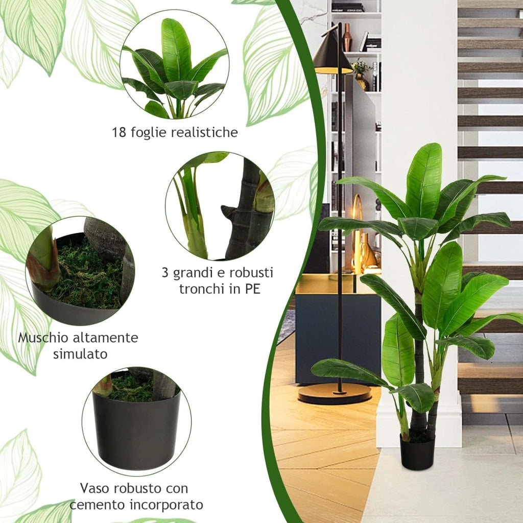 Pianta Finta Artificiale da 150 cm, Albero di Areca Artificiale con Supporto in Cemento, 18 Foglie in Plastica PE e 3 Rami, Ideale per Casa, Negozio e Ufficio, Verde