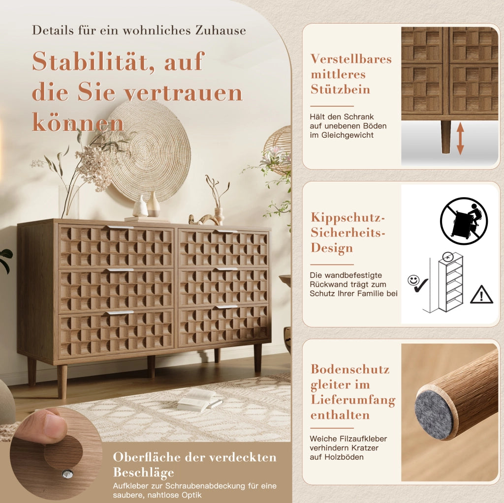 Credenza con 6 cassetti 120x37x77 cm in MDF effetto rovere; colore quercia
