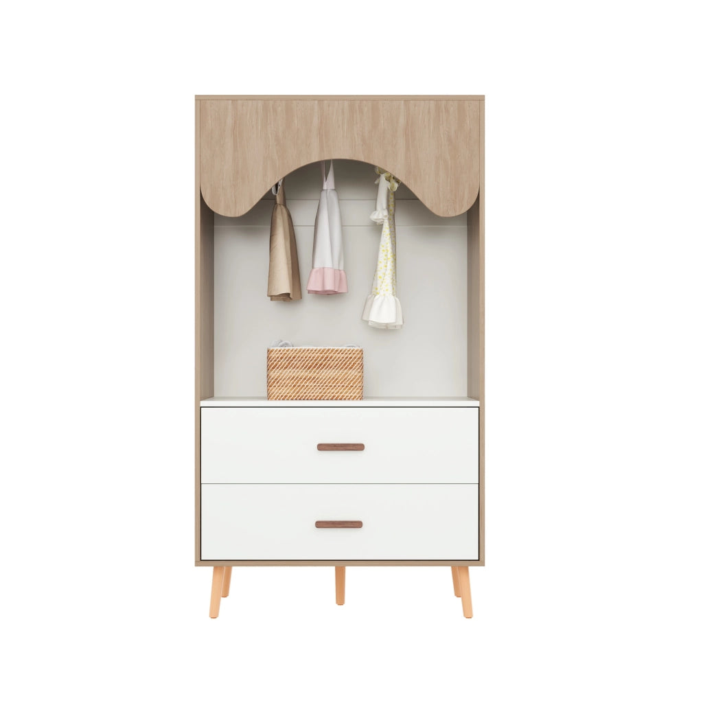 Armadio aperto per bambini con barra appendiabiti e cassetti, bianco naturale, 80 x 46 x 141,5 cm