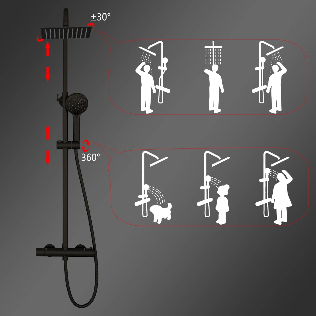 Colonne doccia nero, soffione doccia quadrato 20x20cm acciaio inox, miscelatore termostatico doccia tondo antiscottature