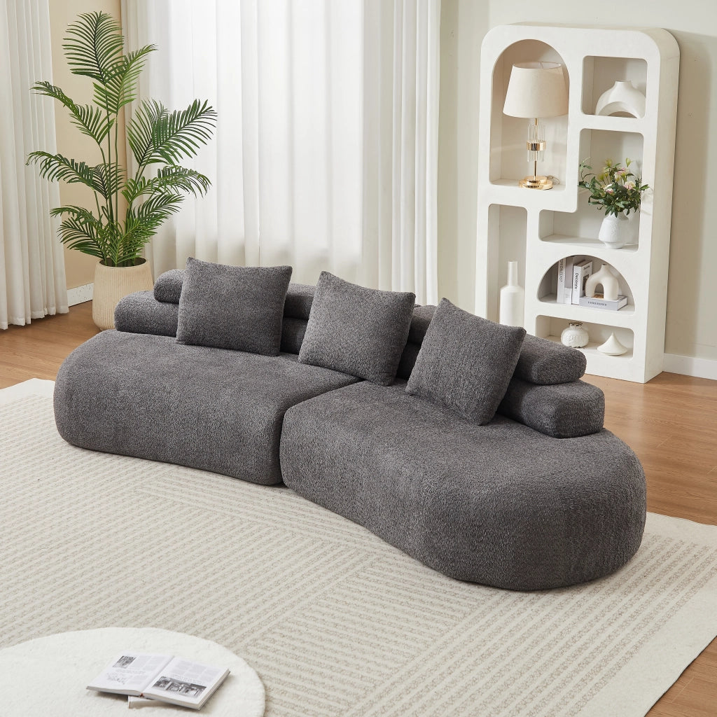 Divano modulare curvo a 3 posti in ciniglia grigio antracite; design arrotondato senza braccioli