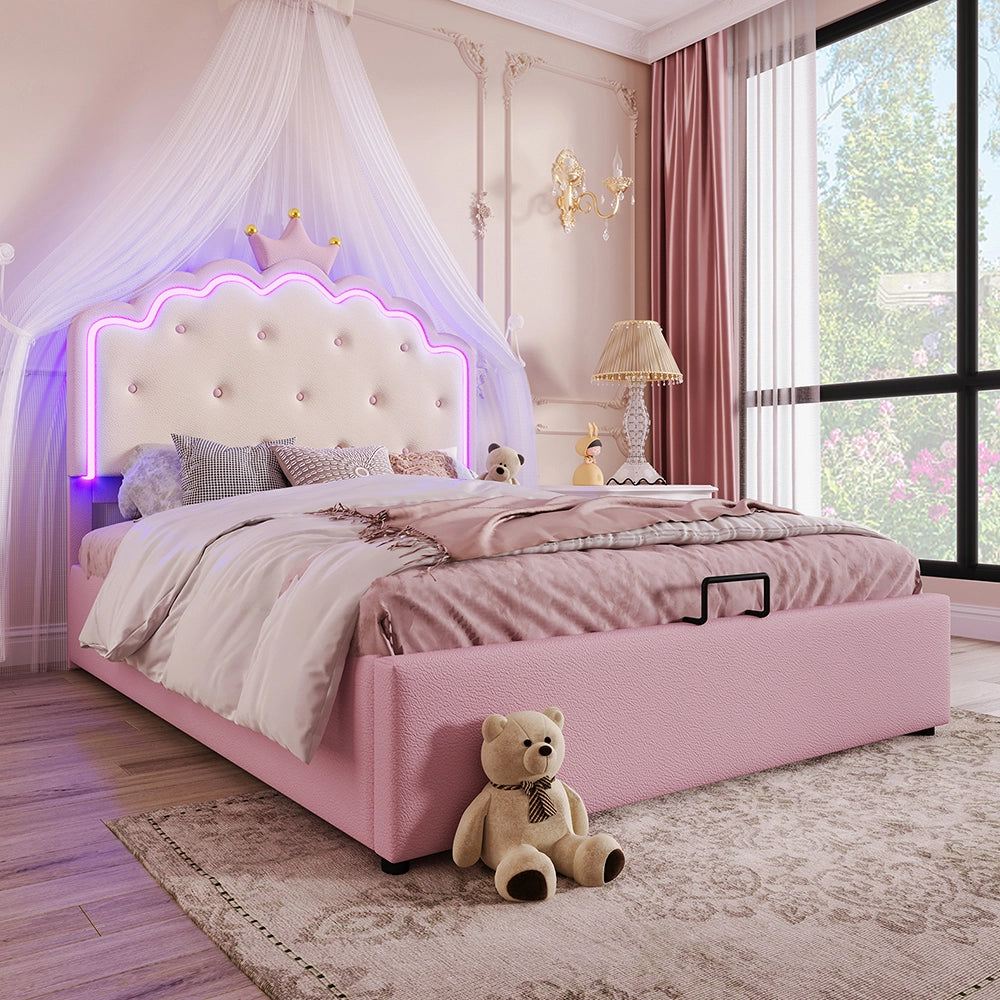 Letto a cassapanca principessa - Xylo - 140x200 cm - Rosa - Telecomando idraulico