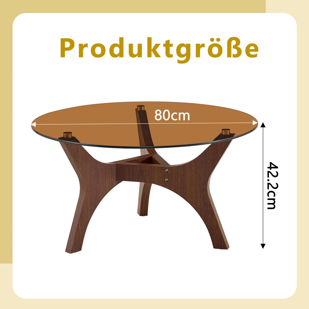 Tavolino basso rotondo con piano in vetro ambrato e struttura in legno, per soggiorno, bordi arrotondati, 80 cm di diametro