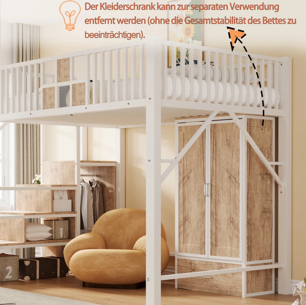 Letto a soppalco 140x200 cm con armadio e scala contenitore