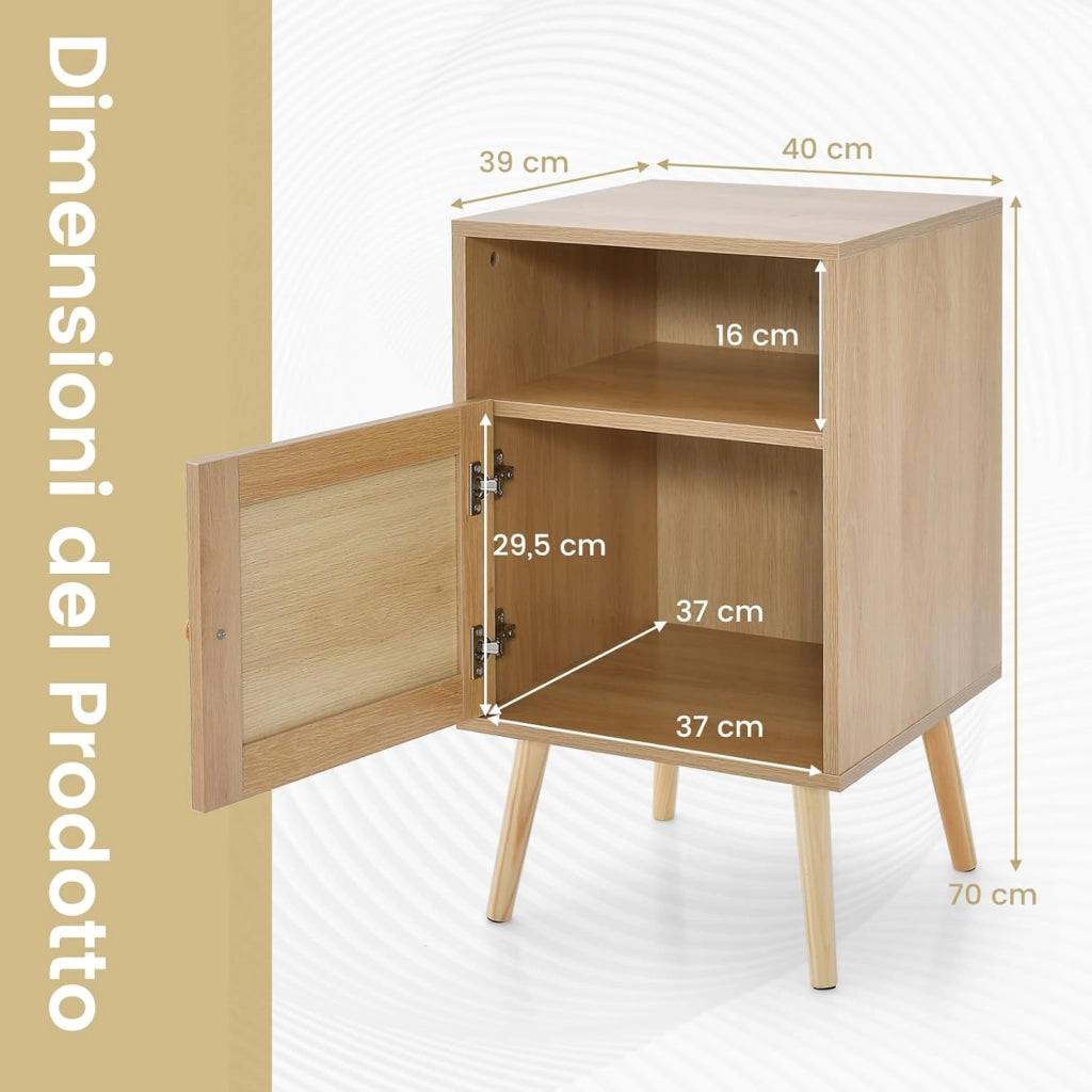 Comodino da Camera da Letto, Comodino in Legno con Porta in Rattan, Scomparto Aperto e Gambe in Legno Massello, Comò Moderno per Soggiorno e Studio, 40 x 39 x 70 cm (1, Naturale)