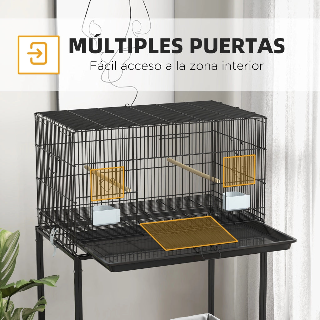 Gabbia per Uccelli con Ruote ¨C Xylo ¨C 77x46x119 cm, Metallo Nero, Vassoio Estraibile, 2 Posatoi