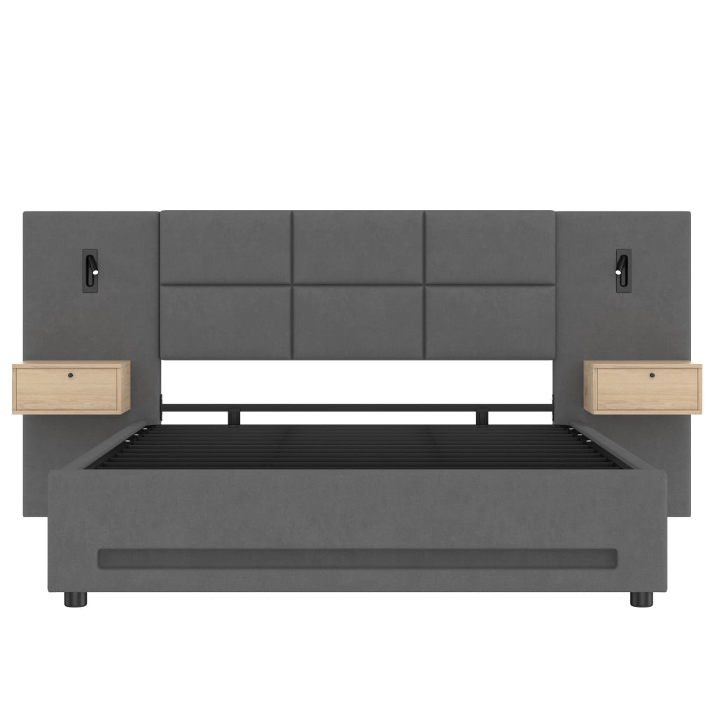 Letto imbottito 180x200 cm con contenitore; LED; USB-C e cassetti in velluto grigio scuro