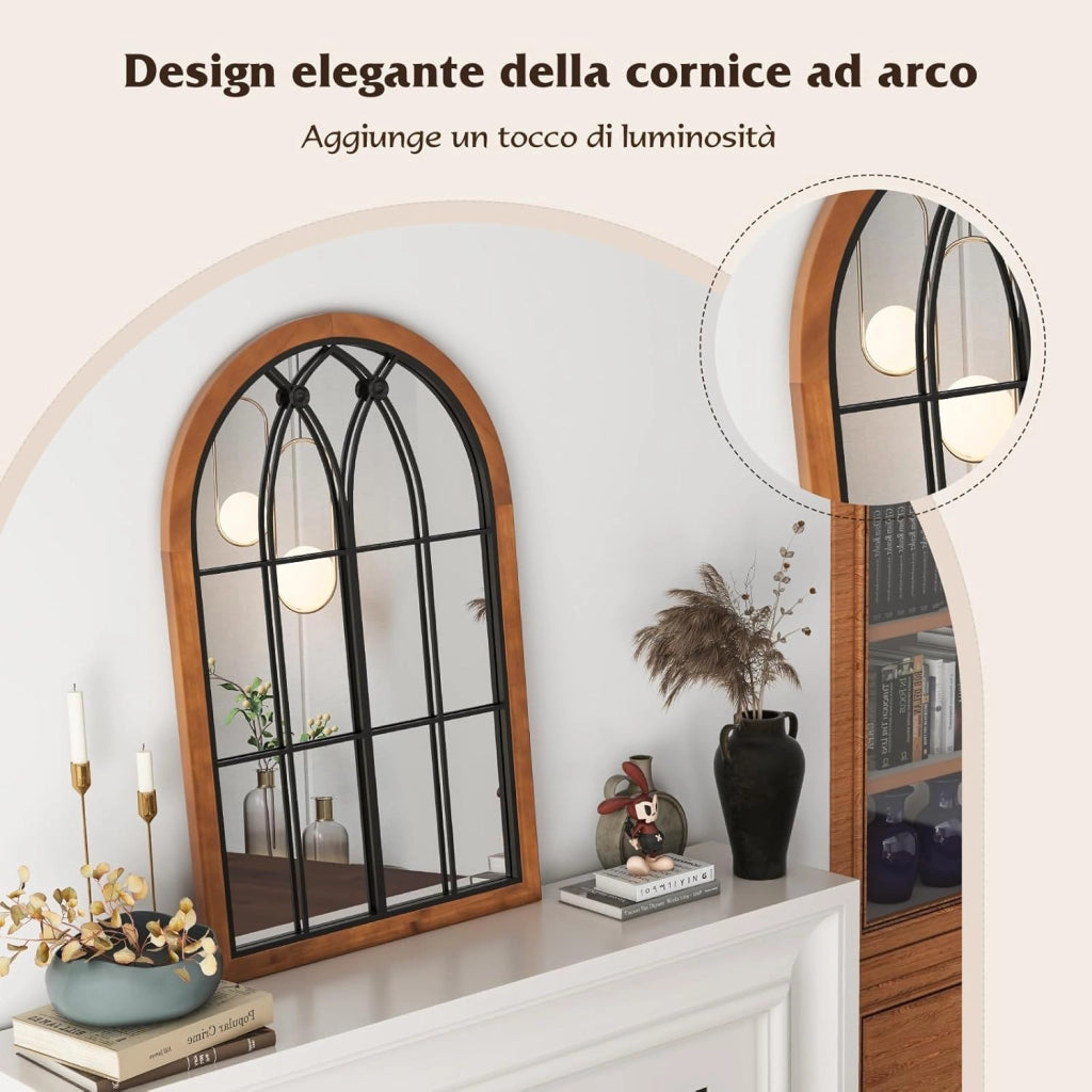 Specchio da Parete 60 x 90 CM, Specchio Finestra con Cornice in Legno di Abete, Specchio Decorativo con per Soggiorno Camera da Letto Ingresso Bagno