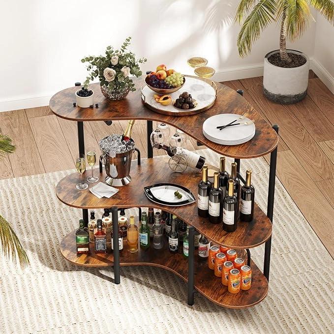 Tavolo da Bar 120 x 66 x 102 cm, Portabottiglie Vino a 3 Ripiani con Portabicchieri e Mensole di Stoccaggio, Isola Cucina Industriale per Bistro (Marrone)