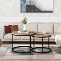 Set di 2 Tavolini da Salotto Rotondi, Tavolini Impilabili in MDF e Metallo, Design Salvaspazio, Tavolo Grande: 50 x 70,5 cm, Tavolo Piccolo: 45,5 x 44 cm, Naturale