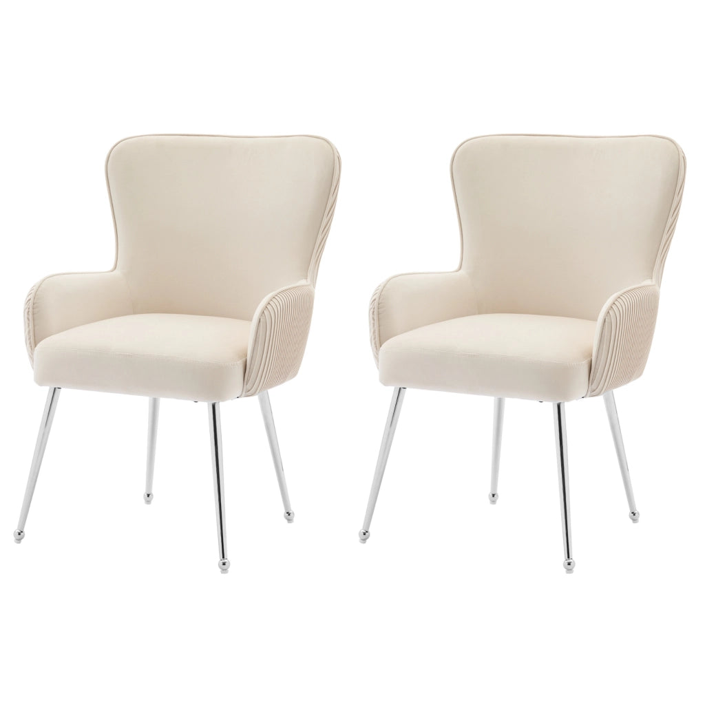 Set di 2 sedie imbottite in velluto beige con braccioli, schienale ergonomico, gambe in metallo e piedini regolabili