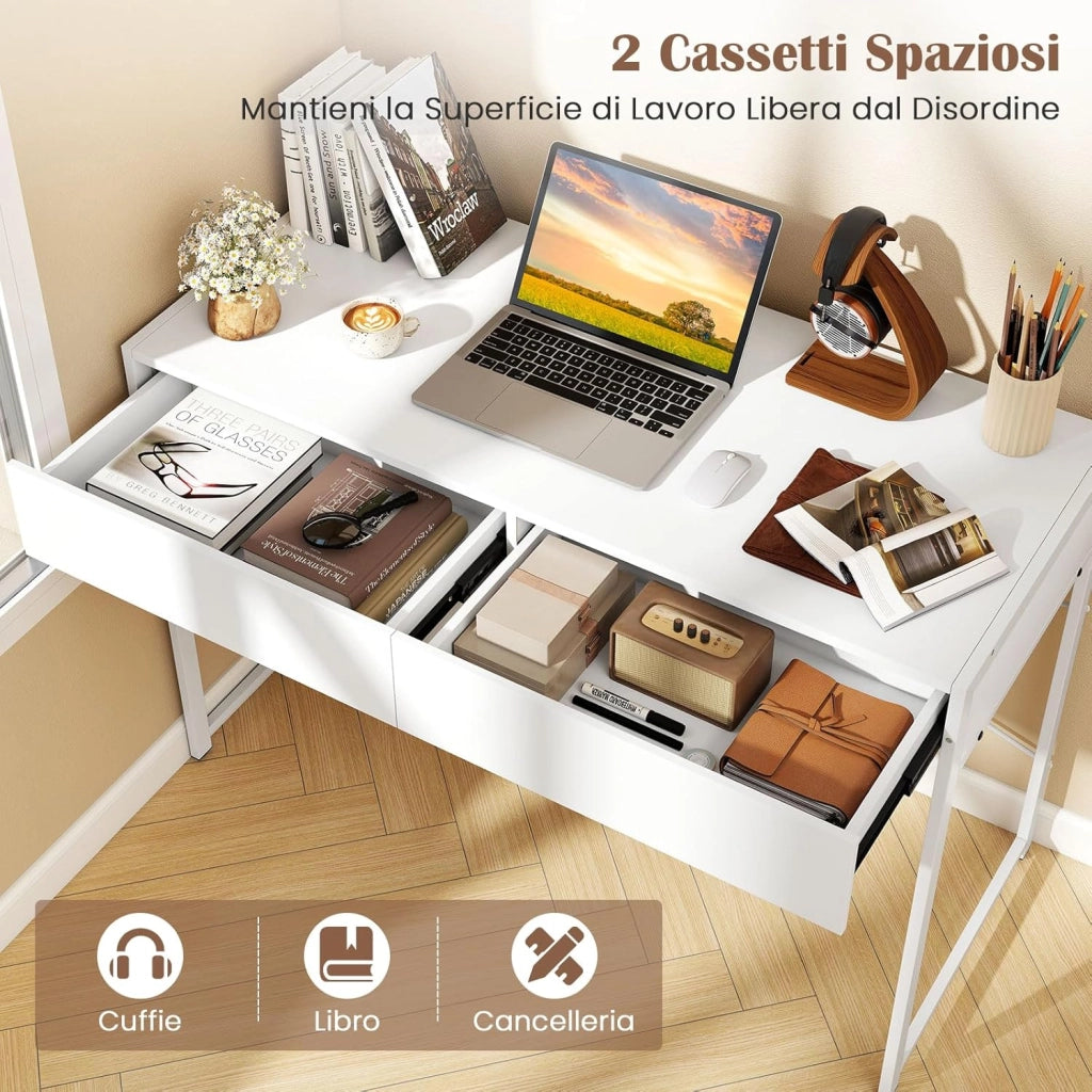 Scrivania per Computer con 2 Cassetti, Scrivania Porta PC con Telaio in Metallo e Legno, Posizione da Lavoro per Studio e Ufficio, Portata 100 kg, 112 x 48 x 76 cm (Bianco)