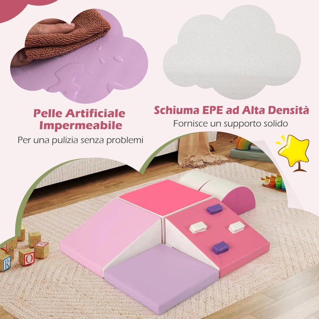 Set di 6 Blocchi di Schiuma per Arrampicata per Bambini, Blocchi in Schiuma per Arrampicarsi e Strisciare, Costruzione Mattoncini Morbidi per Bambini 12+ Mesi (Rosa)