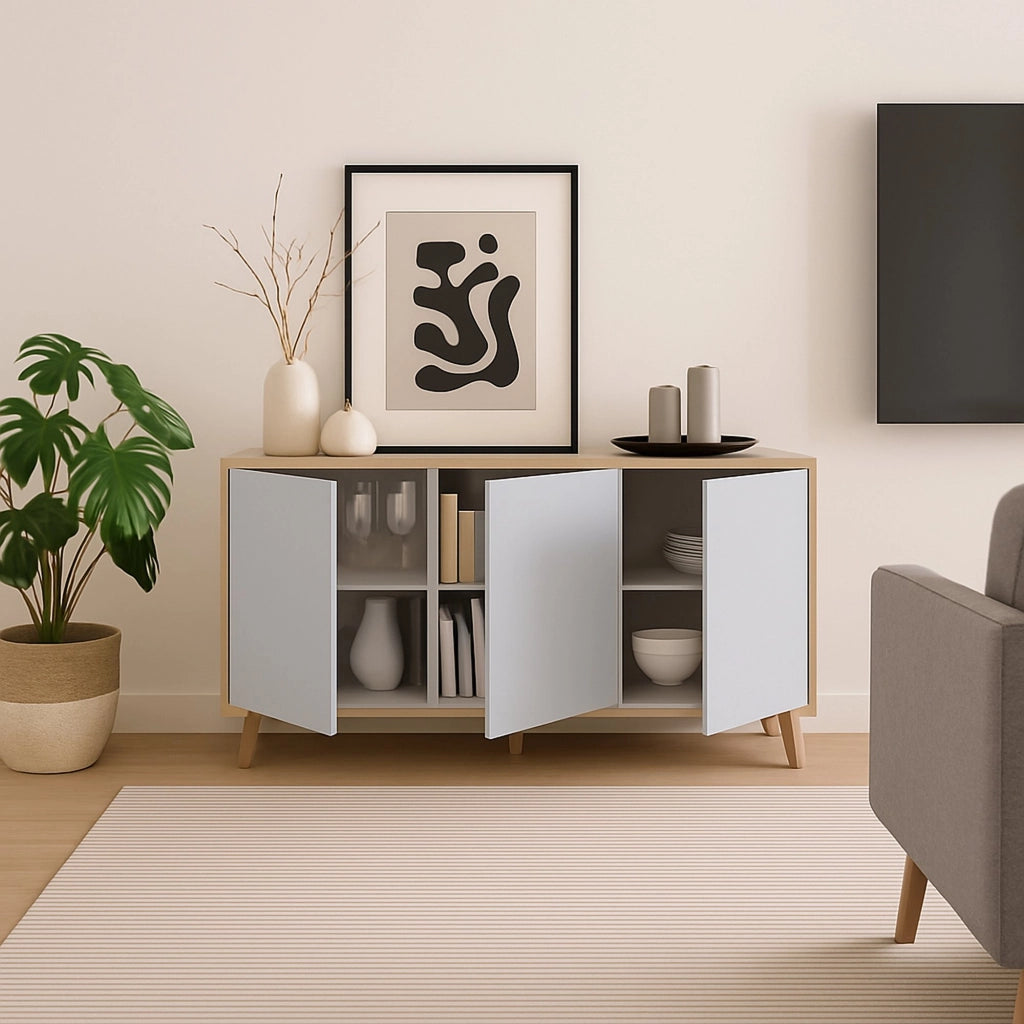 Credenza Acrolorum, Madia moderna a 3 ante e ripiani, Buffet da cucina, Buffet di design da soggiorno, cm 154x40h75, Rovere e Bianco
