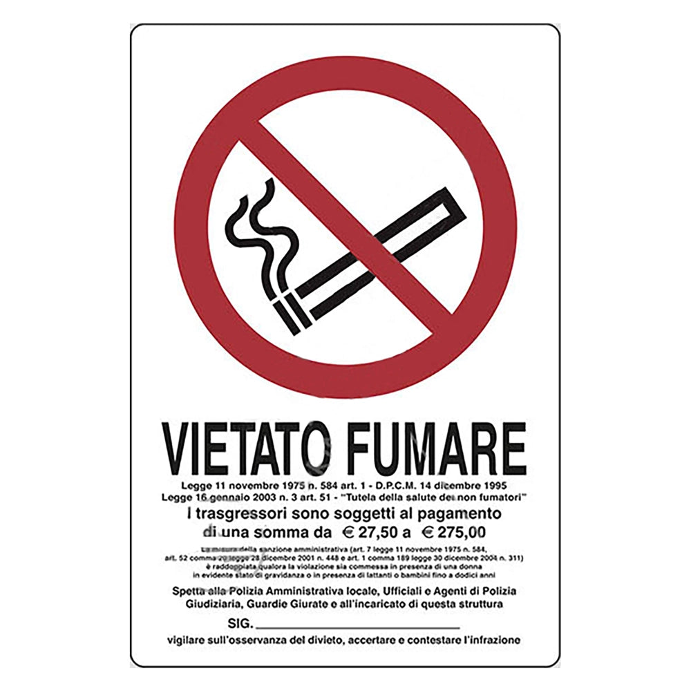 CARTELLO SEGNALETICA VIETATO FUMARE - LEGGE 11 NOVEMBRE 1975, N. 584  - EUROSIGNALS