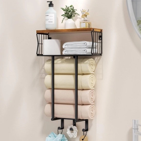Sostegno per Asciugamani da Parete - Piastra per Asciugamani Bagno Multifunzionale con Ganci per Accessori Bagno, Ideale come Sostegno per Asciugamani per Ospiti - Nero