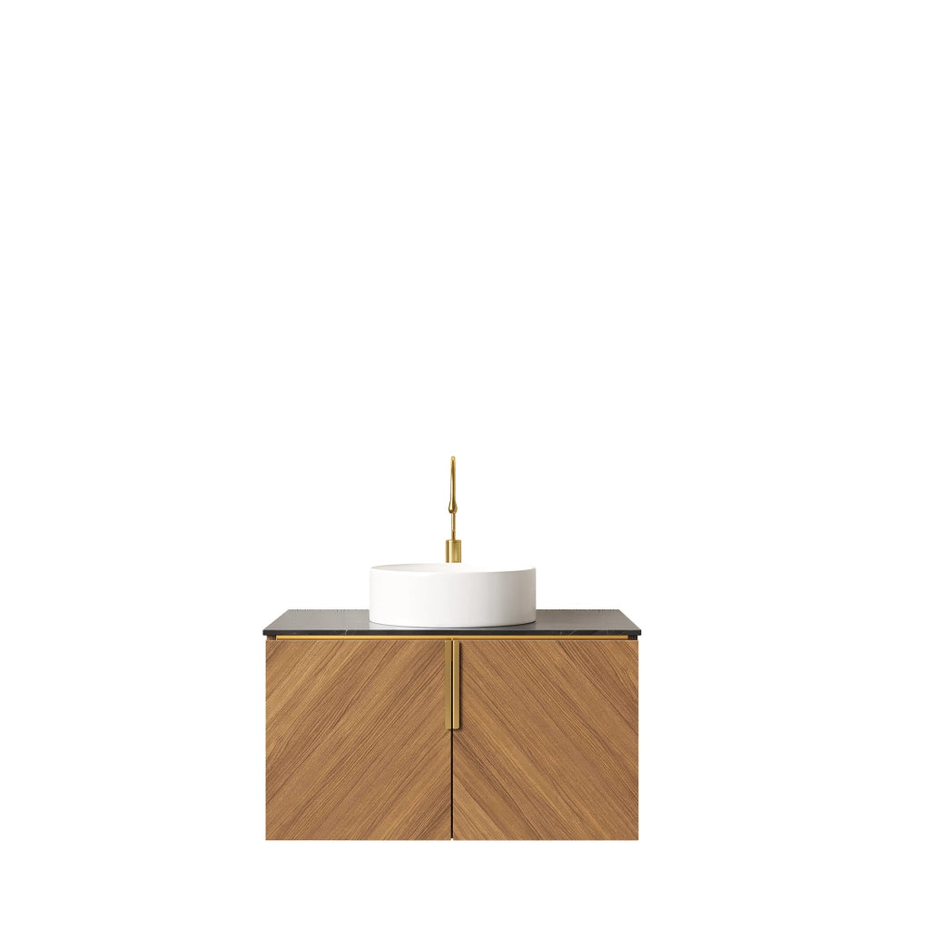 Mobile lavabo sospeso 76 cm in compensato marrone, lavabo bianco, vano portaoggetti –