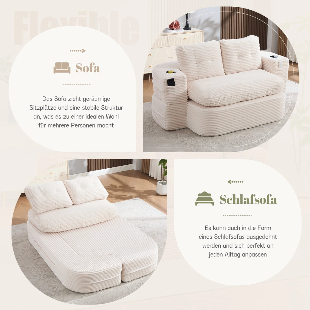 Divano convertibile 2 in 1 con braccioli rimovibili, portabicchieri doppi e schienale alto in velluto a coste beige