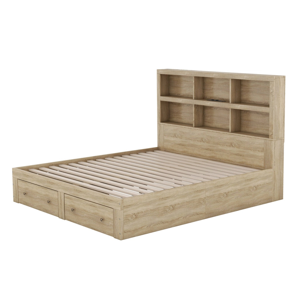 Letto matrimoniale 160x200 cm con USB e contenitore; truciolare; colore naturale