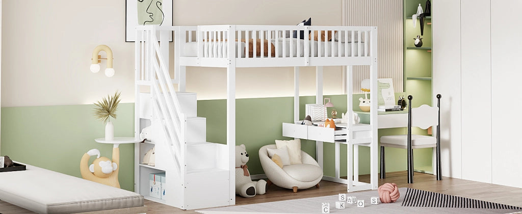 DESMIU Letto a soppalco 1 posto con scala contenitore, scrivania e spazio sotto il letto, 90 × 200 cm, senza materasso