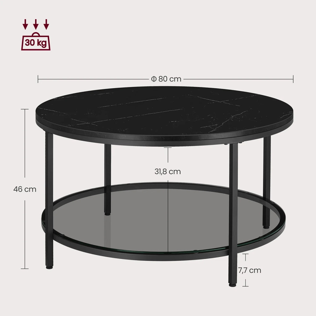 Tavolino da caffè tavolo da soggiorno 80 x 46 cm tavolino da divano tavolo da aperitivo effetto marmo piano in vetro temperato facile da montare per soggiorno stile moderno nero 12_0007497