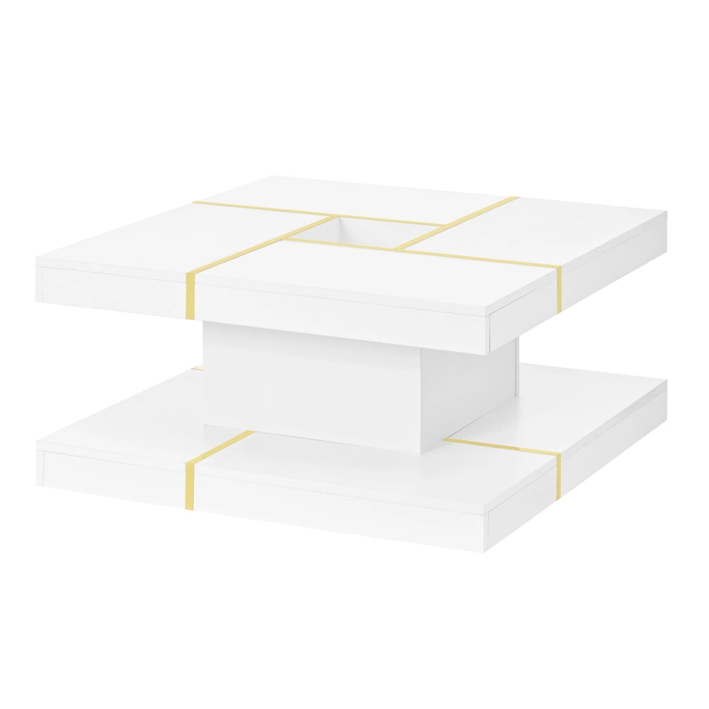 TAVOLINO Quadrato a 2 Livelli 80x80x38 cm Bianco con dettagli metallici dorati