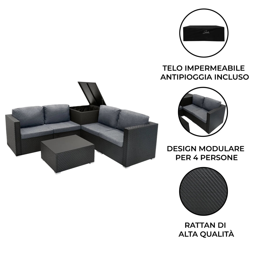 Set Divani Rattan Nero 6 Pezzi con Cuscini, Tavolino e Baule 250L
