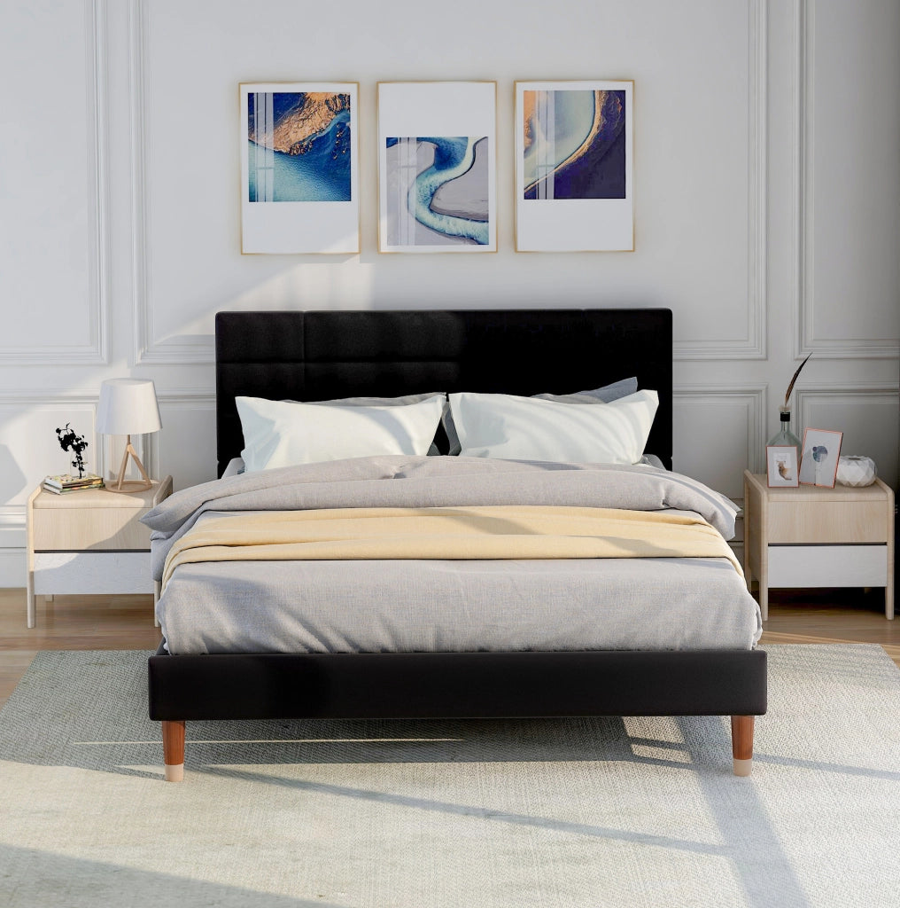 Letto imbottito 140x200 cm con rete; testiera comoda; legno; nero (Senza materasso)