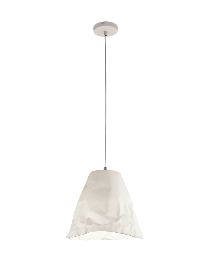 Lampada a Sospensione Crumple in Ceramica e Metallo Bianco, Attacco E27, Design Elegante e Moderno, Ideale per Illuminazione d'Interni