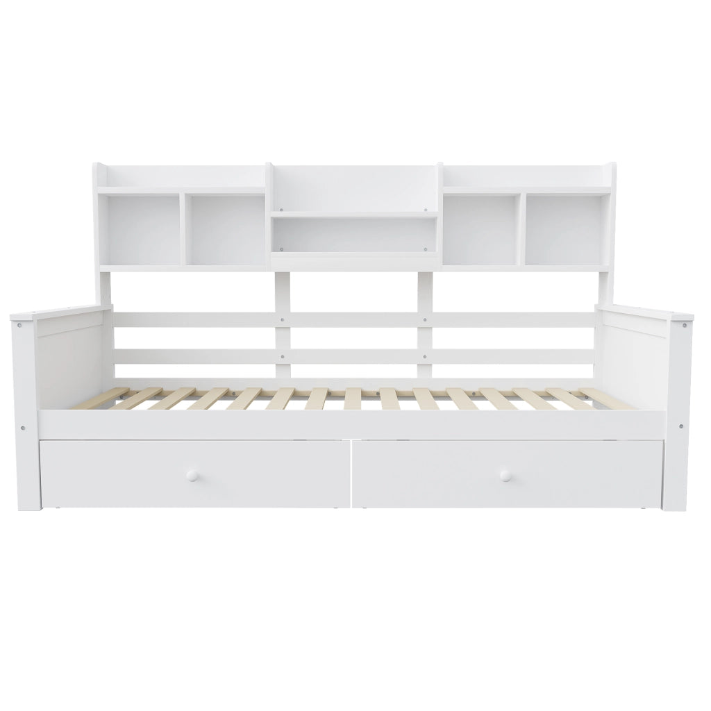 Divano letto singolo con 2 cassetti e vani portaoggetti in legno bianco per bambini e ragazzi 90 × 200 cm