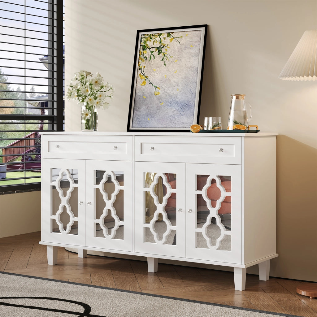 Credenza con 4 Ante a Specchio; 2 Cassetti e Ripiani Regolabili; Stile Moderno; in MDF; 140??40??83 cm; Bianco
